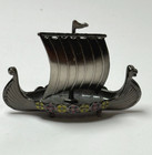 Vintage Mini Pewter Viking Ship Enamel Inlays Metal Ship Boat Scandinavian Decor