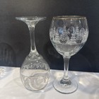 Vtg Libbey Arbys Christmas White Frosted Pine Tree Wine Glasses Gold Rim Set  2