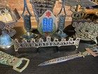 Lot Of 10 Vintage Brass Jewish Judaica Items Menorah Candle Holders Commandments