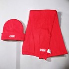 Victoria s Secret Pink Red Knit Beanie Hat   Scarf White Classic Logo 2pc Set