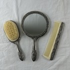 Vintage Silver Plated Vanity Set Mirror Brush Comb Floral Art Nouveau Design