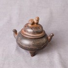 Clay Incense Burner Censer Tripod Foo Dog Lion Lid Dark Brown Ceramic
