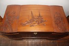 Vintage Asian Wood Carved Large Jewelry Box Dragon Red Velvet Lining See Note