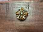 Vintage 1 5  Round Mid-century Gold Tone Women s Pill Box W  Rose   Faux Pearls