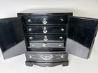Chinese Black Lacquer Lrg Jewelry Box Mother Pearl Floral Inlay  5 Drawer Read