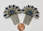 Vintage Art Deco Rhinestone Hair Comb Set Silver Tone Blue 2 Piece Repair As  Is
