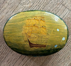 Antique Lacquer Trinket Box Hand Painted Clipper Ship With Sails 5 x3 5  C 1900