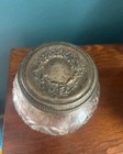 Vintage Pressed Glass Vanity Jar Ornate Silver Plate Lid Powder Dresser Pot 