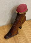 Antique Folk Art Carved Wood High Heel Shoe Pin Cushion  Sewing Tool