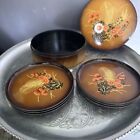 Otagiri Vintage Japan Lacquerware Set Of 6 Coasters With Holder Floral Mcm