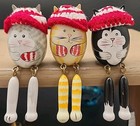 Trio Of Vintage Shelf Sitting Wooden Cats With Dangling Legs   Woolen Hats