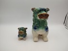 2 Vtg Ceramic Foo Dog Guardian Lion Statue Green Big And Small Uc gc Taiwan 
