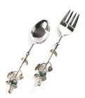 Mackenzie Childs Blueberry Royal Check Jeweled Salad Serving Set Fork Spoon 2 Pc