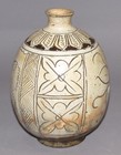 A Very Rare fine Korean Oval-shaped Incised Buncheong Bottle- 15th 16th C