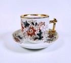 Antique Japanese Kutani Moriage Large Tea Cup Saucer Bamboo Handle Meiji Era