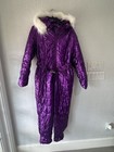 Women   s Violet Waterproof Snow Suit Faux Fur Hood Size L Nwot Zip Legs Belt Ss12