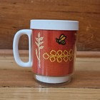 2 Vintage Thermo Serv Coffee Cups Insulated Mugs Faux Embroidery Bees   Flowers