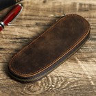 2 Slots Genuine Leather Pen Case Holder School Stationery Pencil Storage Pouch