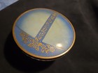 Vtg Cut Glass Vanity Dresser Powder Jar Footed W  Ornate Metal Lid Blue Art Deco