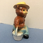 Vintage Norcrest Smokey The Bear Ceramic Coin Piggy Bank On Stump Holding Bucket