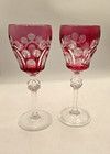 Pair Antique Cranberry Cut To Clear Wine Hock 1950 s Stemware Germany Bohemian 