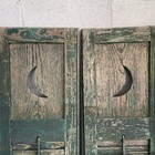 Pair Antique Green Wood Louvered Shutters Crescent Moon Cutouts Orig Hardware