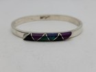 Vintage Taxco Signed 925 Sterling Silver Multi Gem Inlay Hinged Cuff Bracelet
