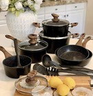 Induction Cookware Sets 15 Pcs Black Hammered Granite Cooking Pots And Pans Set
