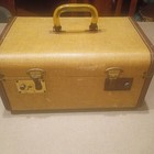 Vintage Tweed Train Case Bag Luggage Vanity Makeup Brass Hardware Mirror 1950s