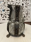 Ornate Antique Victorian Threaded Glass And Silver Overlay Footed Carafe Pitcher