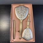 Vtg 3 Piece Vanity Set In Original Box Mirror Brush Comb Gold Silver Tone Read