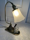 Brass Desk Lamp With Ink Well  Frosted Glass Shade  1920   s-1930   s  15    Tall