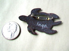 Turtle Shape Pin Brooch -signed Inga-  Enamel On Copper- Green orange Animal Pin