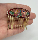 Vintage Cloisonne Rose Enamel Hair Comb Single Gold Tone