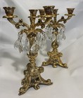 Antique Pair Rococo Revival Baroque Style Brass Crystals 3 Arm Candelabras  5217