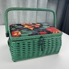 New Sewing Basket Vintage Green Wicker Floral Black Red Yellow Flowers 10x7x5 5   