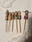 Vintage 6 Mini Kokeshi Geisha Doll Cocktail Picks Hand Painted Japan Wood 
