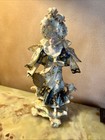 Antique Porcelain Victorian Woman W  Fan Gold   Flowered Dress   Feathered Hat