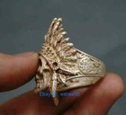 3 5cm Old Chinese Silver Human Skeleton King Skull Head Jewelry Hand Ring