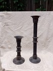 Heavy Cast Iron Candle Holders    aged  Bronze Patina Pedestal Pair 18 5    10 