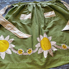 Vintage Handmade Apron Ties Front Pockets Green White Check With Daisies