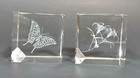 Laser Etched Glass 3-d Paperweights Lily   Laser Etched Butterfly Cube Set Of 2