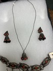 Antique Silver Necklace  Bracelet  Earrings Set With Coral Farure