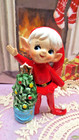 Vtg Rare Norcrest Christmas Pixie Elves With Christmas Trees Set Of Two Labels