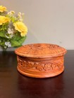 Vintage Hand Carved Wood Round Trinket Jewelry Box Floral Vine Lidded 5   
