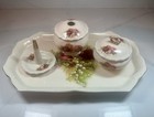 1930s Porcelain Vanity dresser Set   florals 5pc Ring powder  trinket Jars tray