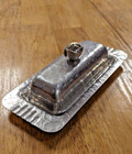 Vintage Hammered Aluminum Covered Butter Dish Retro Mid Century Mod Rose Finial