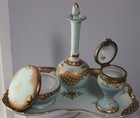 Vintage Lenwile Ardalt Japan Porcelain Vanity Set Blue Gold Moriage 4pc