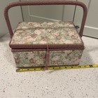 Vintage Floral Sewing Woven Basket With Wicker Handle And Inner Tray