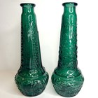 Pair Of Mcm Dabs Portugal Glass Bottle Vase W  Stoppers Embossed Flower Design